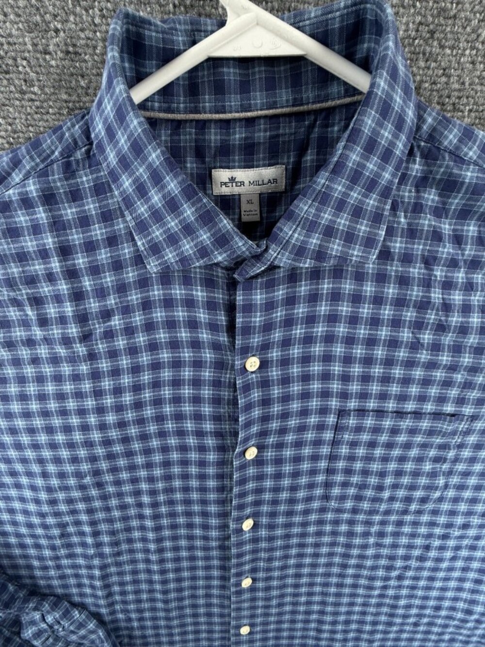 Peter Millar XL Button Up Shirt Blue Plaid Long Sleeve Pocket All Cotton Soft